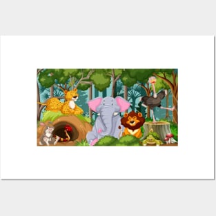 Wild animals cartoon in the forest. Posters and Art